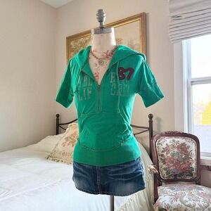 green hoodie top  Y2K papaya small green short sleeve hoodie zip